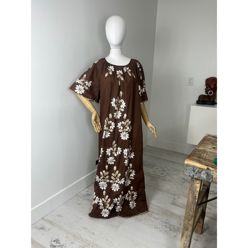 Vintage Brown Embroidered Floral Maxi Dress Mumu Tall Girl Friendly